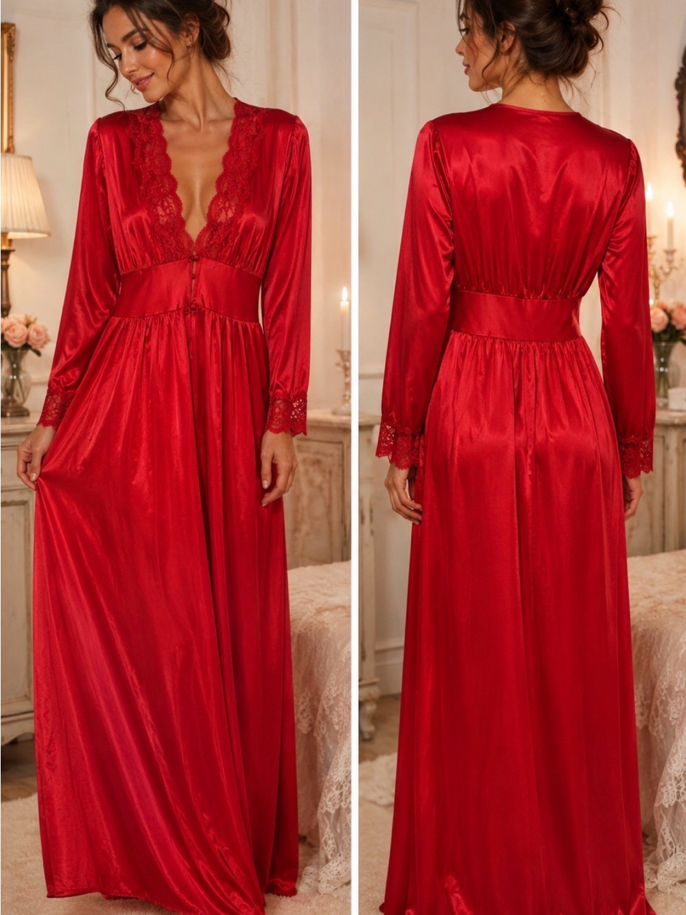 Vintage French Maid Canada Red Satin Lace Long Nightgown Robe Petite